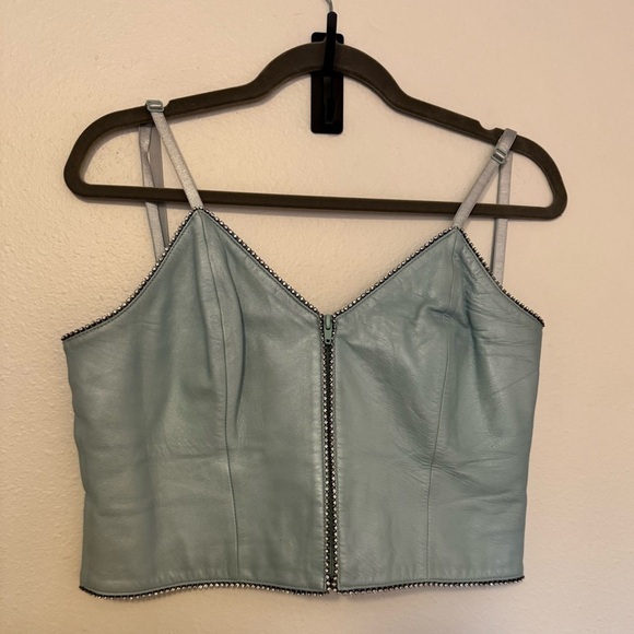 North Beach Leather Tops - VTG Michael Hoban North Beach Leather Corset Top Crop Tank Blue Rhinestone 8 EUC